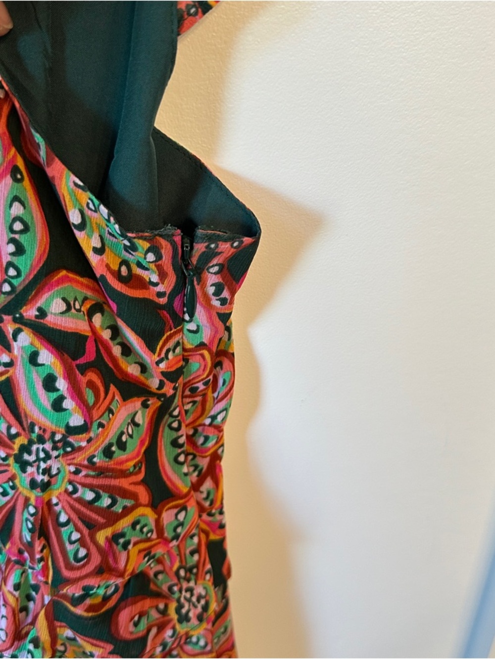J. Crew Green Paisley V-Neck Blouse with Pink & Orange Accents - Picture 4 of 5